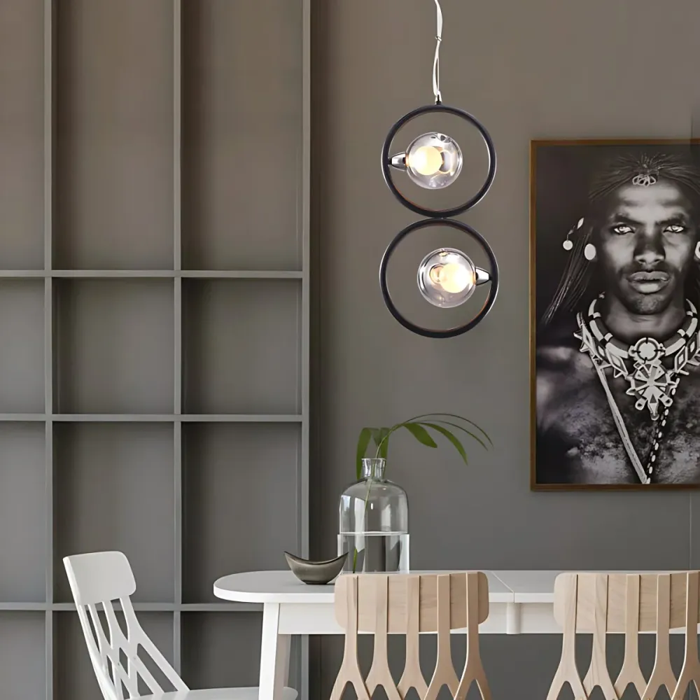 Ronde hanglamp van geblazen glas met kuiltjes, moderne 1/2/3-lichts led-hangende plafondlamp zwart met ijzeren ring Clearhalo