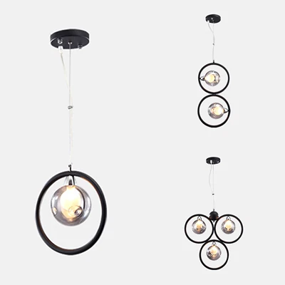 Ronde hanglamp van geblazen glas met kuiltjes, moderne 1/2/3-lichts led-hangende plafondlamp zwart met ijzeren ring Clearhalo