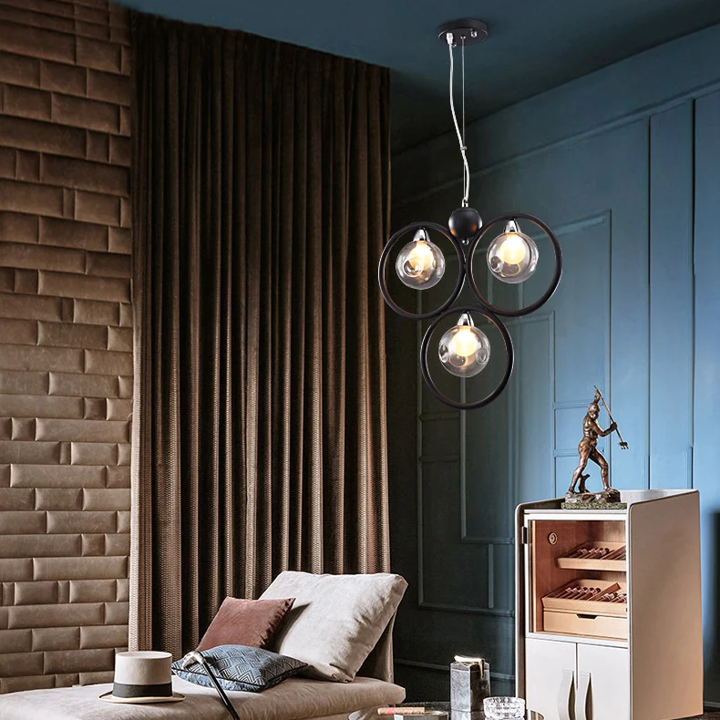 Ronde hanglamp van geblazen glas met kuiltjes, moderne 1/2/3-lichts led-hangende plafondlamp zwart met ijzeren ring Clearhalo