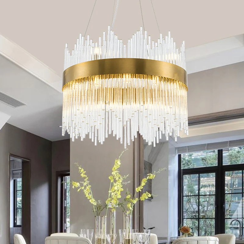 Ronde kristallen staaf ophangverlichting Eenvoudige LED 25,5"/31,5" W messing kroonluchterlamp met watervalontwerp Clearhalo