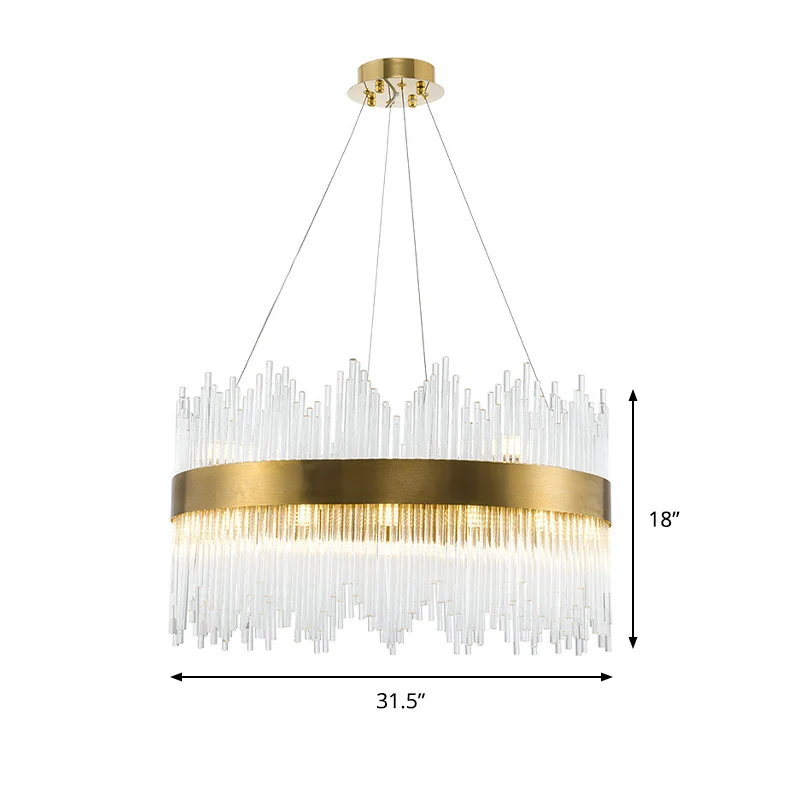 Ronde kristallen staaf ophangverlichting Eenvoudige LED 25,5"/31,5" W messing kroonluchterlamp met watervalontwerp Clearhalo