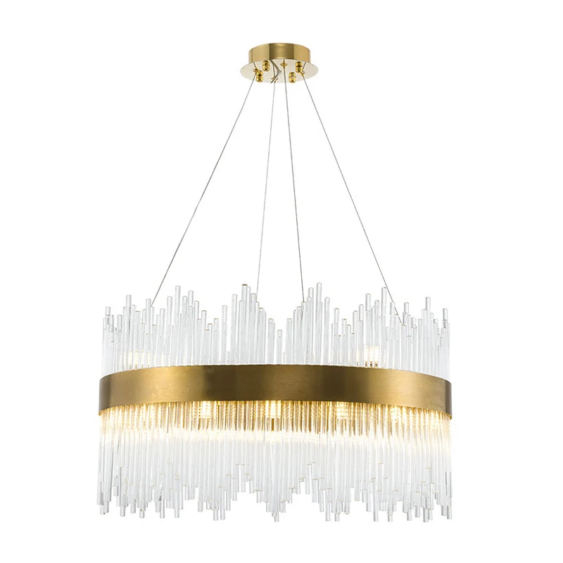 Ronde kristallen staaf ophangverlichting Eenvoudige LED 25,5"/31,5" W messing kroonluchterlamp met watervalontwerp Clearhalo
