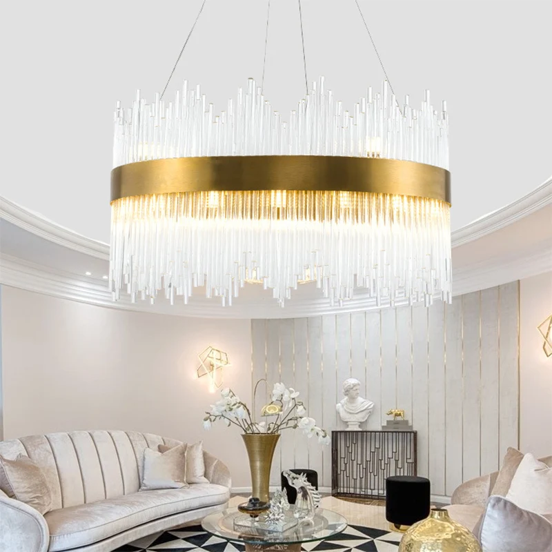 Ronde kristallen staaf ophangverlichting Eenvoudige LED 25,5"/31,5" W messing kroonluchterlamp met watervalontwerp Clearhalo