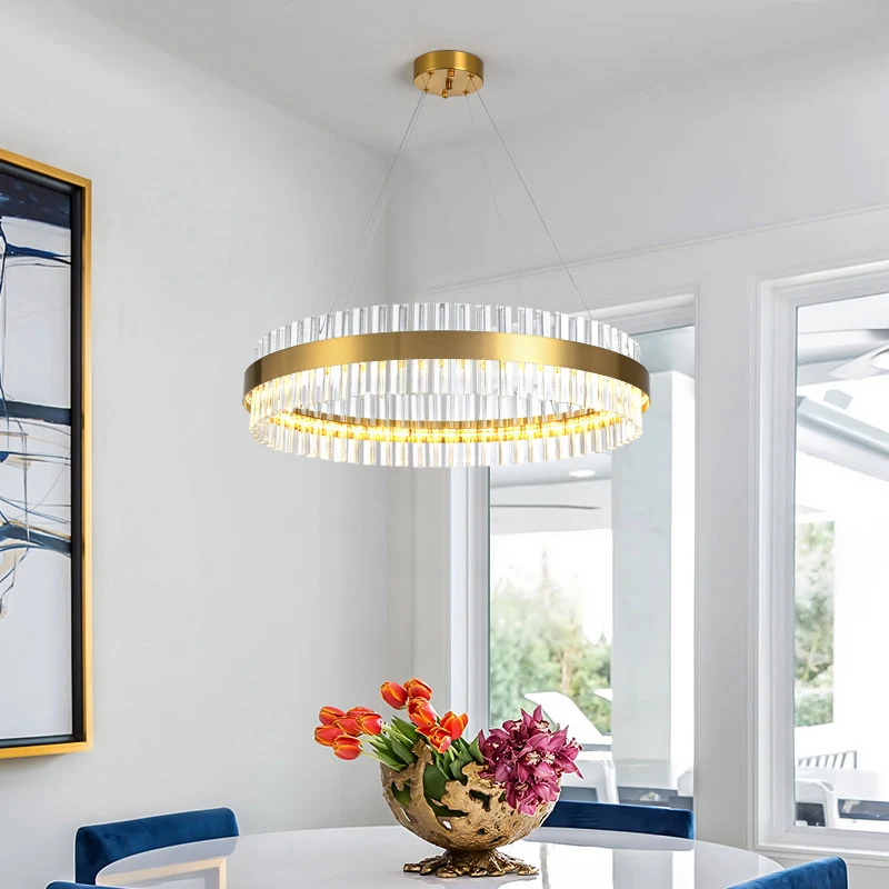 Ronde kroonluchter licht postmoderne kristallen staaf gouden LED hangende plafondlamp, 16"/19,5"/23,5" breed Clearhalo