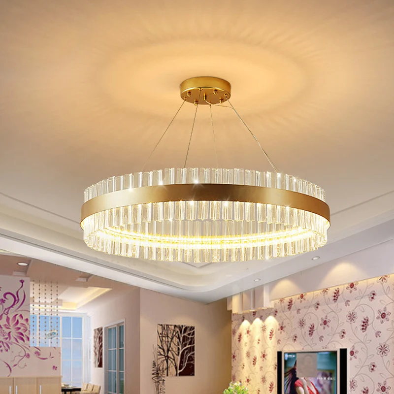 Ronde kroonluchter licht postmoderne kristallen staaf gouden LED hangende plafondlamp, 16"/19,5"/23,5" breed Clearhalo
