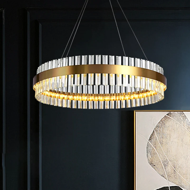 Ronde kroonluchter licht postmoderne kristallen staaf gouden LED hangende plafondlamp, 16"/19,5"/23,5" breed Clearhalo