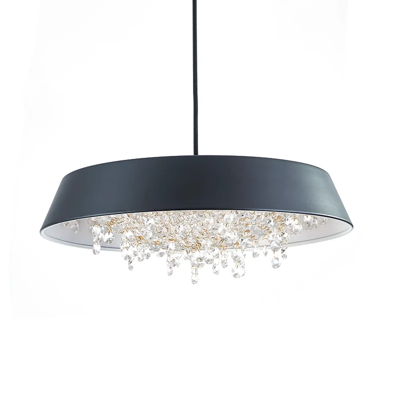 Ronde metalen LED-hanglamp met dienblad, eigentijds zwart/wit/goud, neerwaartse verlichting met kristallen druppel warm/wi...