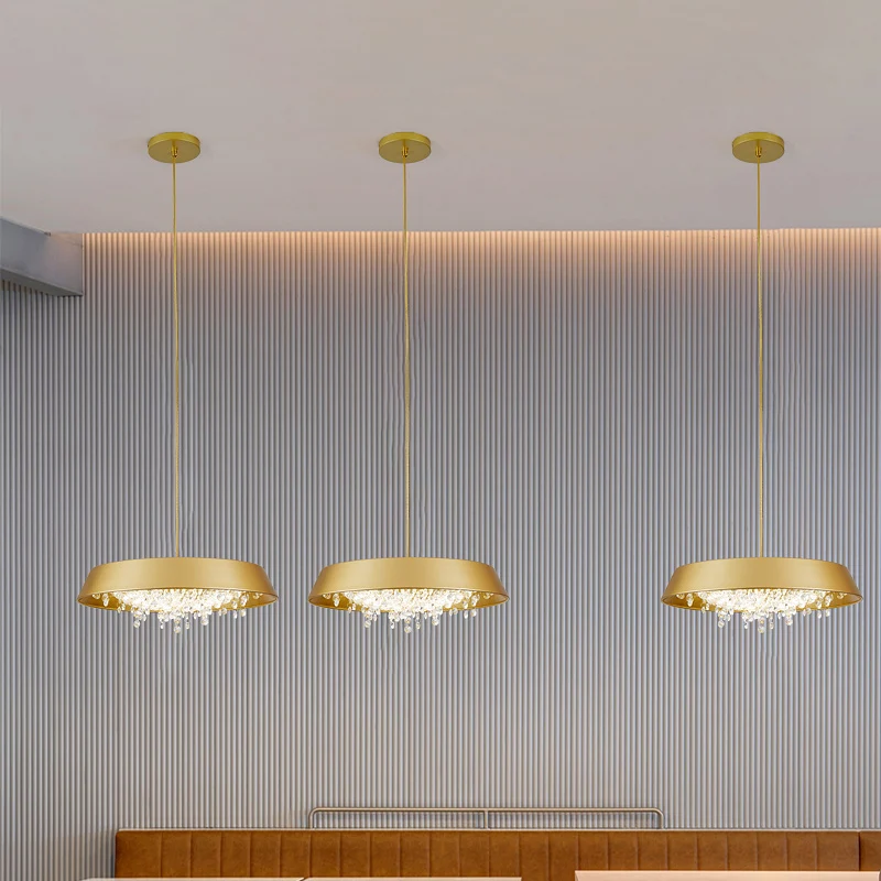 Ronde metalen LED-hanglamp met dienblad, eigentijds zwart/wit/goud, neerwaartse verlichting met kristallen druppel warm/wi...