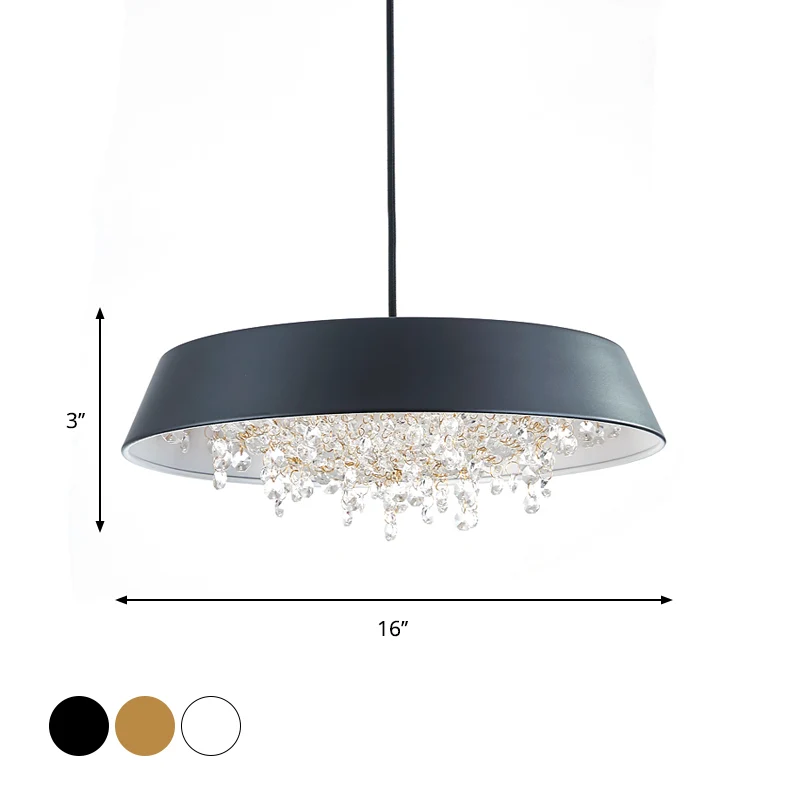 Ronde metalen LED-hanglamp met dienblad, eigentijds zwart/wit/goud, neerwaartse verlichting met kristallen druppel warm/wi...