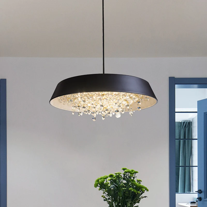 Ronde metalen LED-hanglamp met dienblad, eigentijds zwart/wit/goud, neerwaartse verlichting met kristallen druppel warm/wi...