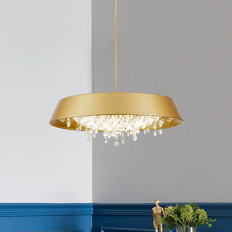 Ronde metalen LED-hanglamp met dienblad, eigentijds zwart/wit/goud, neerwaartse verlichting met kristallen druppel warm/wi...