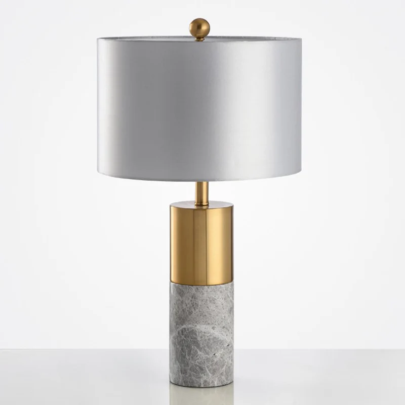 Ronde nachtkastjelamp van stof, 1-lichts minimalistische tafellamp met cilindrische marmeren voet Clearhalo