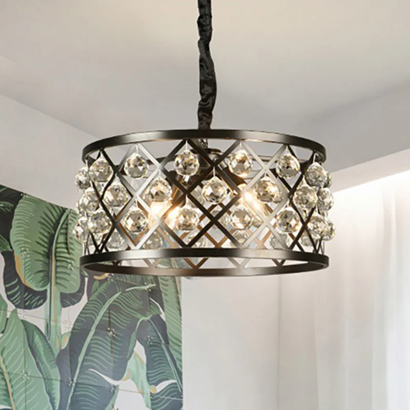 Ronde plafondlamp van metaal en kristal, 4 lampen, zwarte kroonluchterlamp voor eetkamer Clearhalo