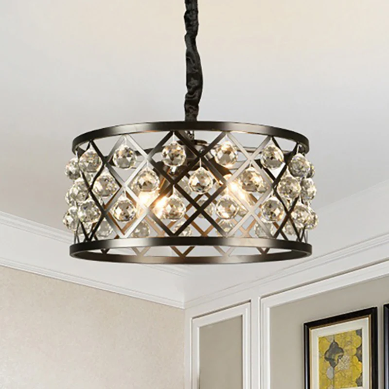 Ronde plafondlamp van metaal en kristal, 4 lampen, zwarte kroonluchterlamp voor eetkamer Clearhalo