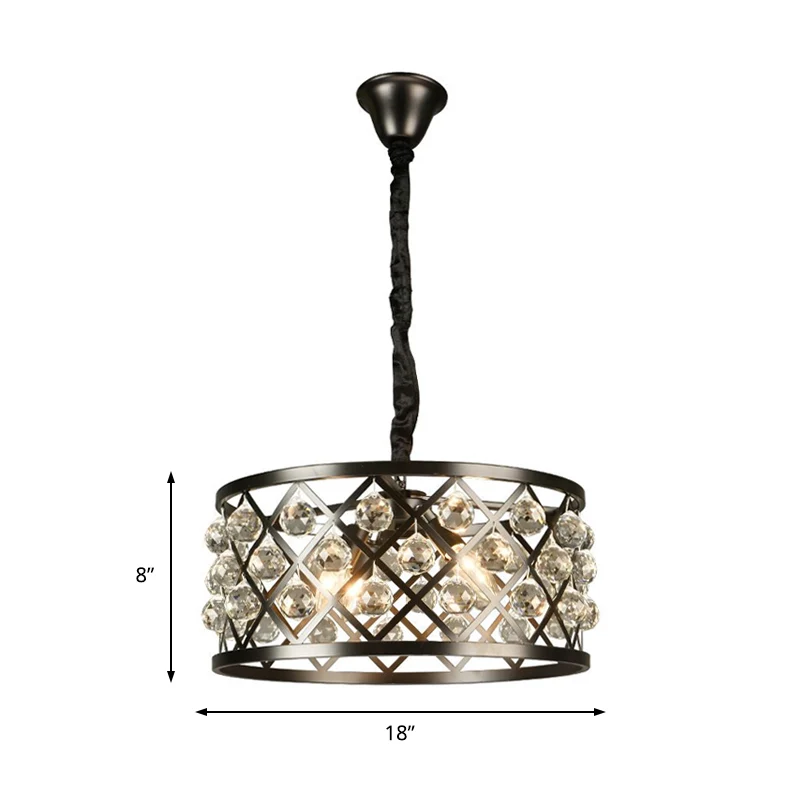 Ronde plafondlamp van metaal en kristal, 4 lampen, zwarte kroonluchterlamp voor eetkamer Clearhalo