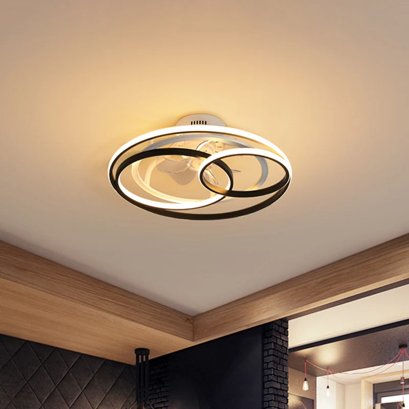 23" W ronde slaapkamer semi-gemonteerde verlichting metalen LED-noordse hangende ventilatorlamp zwart, 7 heldere bladen Cl...
