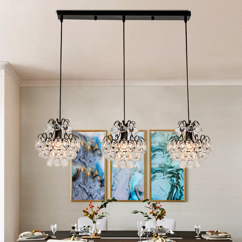 Ronde/lineaire luifel Eetzaal Multi-plafondlamp Modern metaal 3 lampen Zwart/goud hangende hanger met heldere kristallen b...