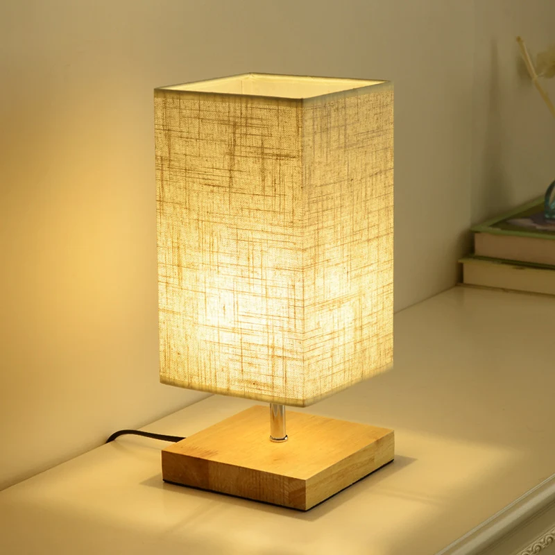 Ronde/vierkante stoffen nachtkastjelamp Nordic 1-lamps vlastafellamp met zwart/houten voet voor slaapkamer Clearhalo