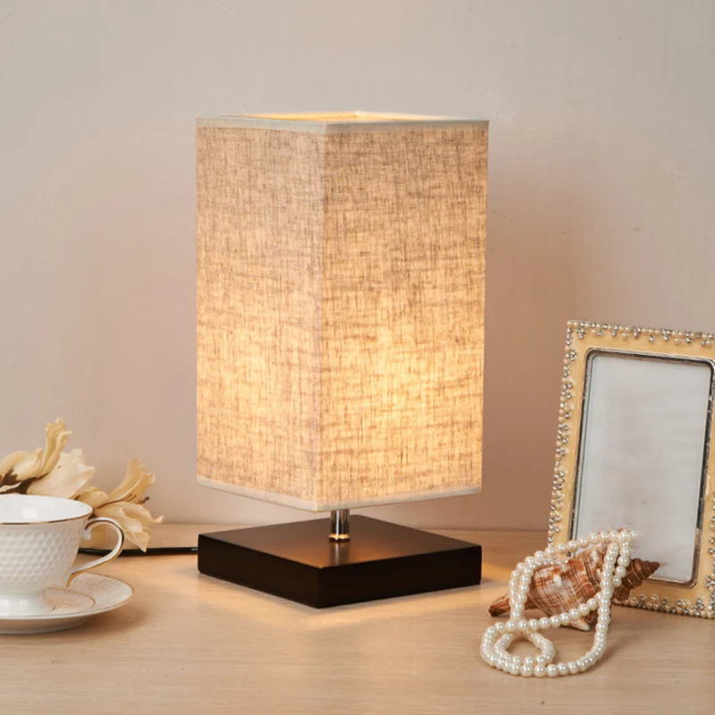 Ronde/vierkante stoffen nachtkastjelamp Nordic 1-lamps vlastafellamp met zwart/houten voet voor slaapkamer Clearhalo