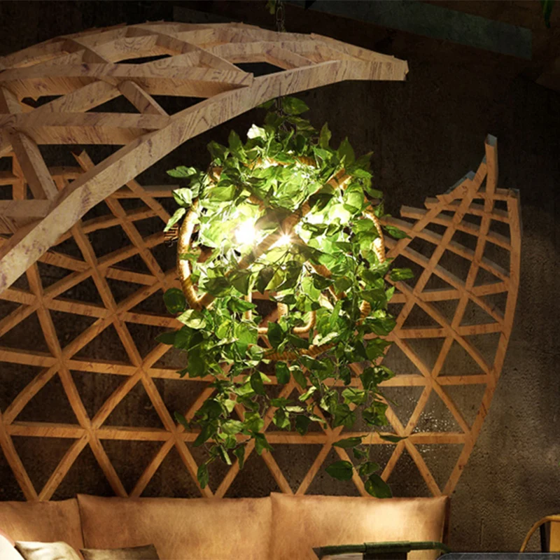 Rood/Groene 3-koppige plafondkroonluchter Industriële touwbolkooi hangende hanglamp met nepplant/kersendeco Clearhalo