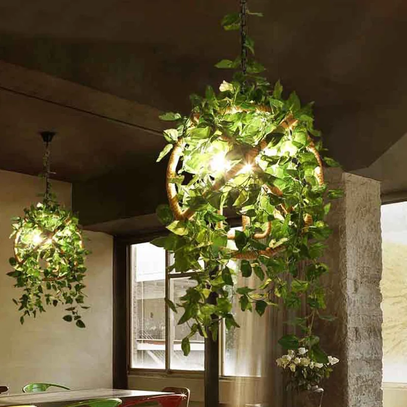 Rood/Groene 3-koppige plafondkroonluchter Industriële touwbolkooi hangende hanglamp met nepplant/kersendeco Clearhalo