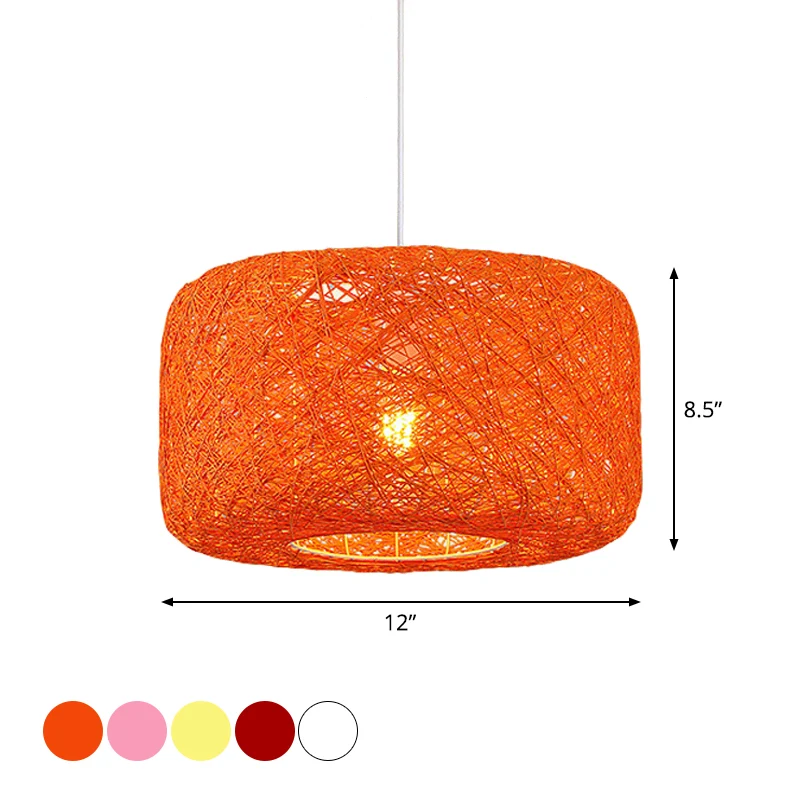 Rood/roze/oranje Drum Drop hanglamp Macaron 1-lichts rotan wevende ophangverlichting voor Bistro Clearhalo