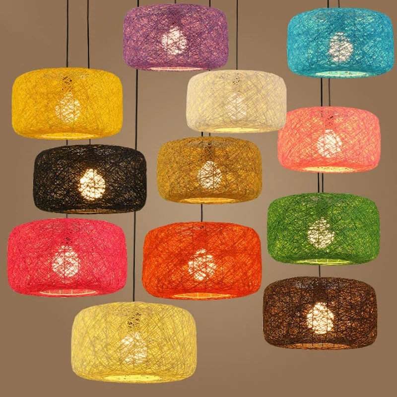 Rood/roze/oranje Drum Drop hanglamp Macaron 1-lichts rotan wevende ophangverlichting voor Bistro Clearhalo