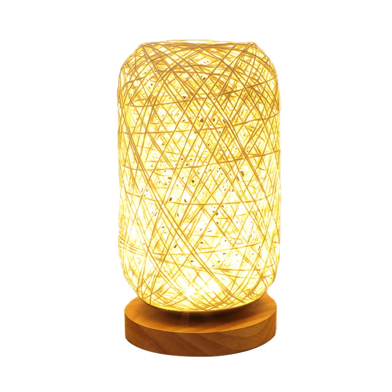 Roped Langwerpige Mini Nachtkastje Lamp Macaron Beige/Blauw/Bruin USB Opladen LED Tafellamp met Houten Voetstuk voor Nacht...