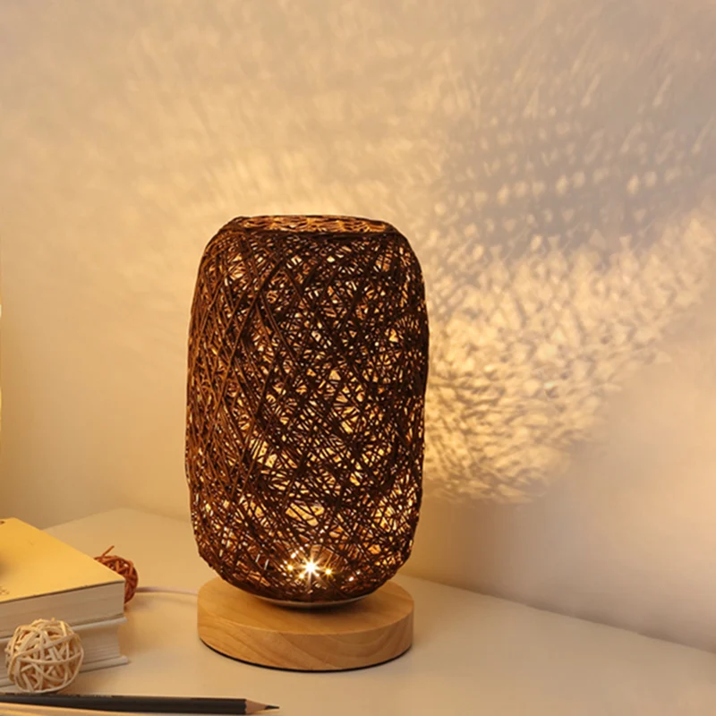 Roped Langwerpige Mini Nachtkastje Lamp Macaron Beige/Blauw/Bruin USB Opladen LED Tafellamp met Houten Voetstuk voor Nacht...