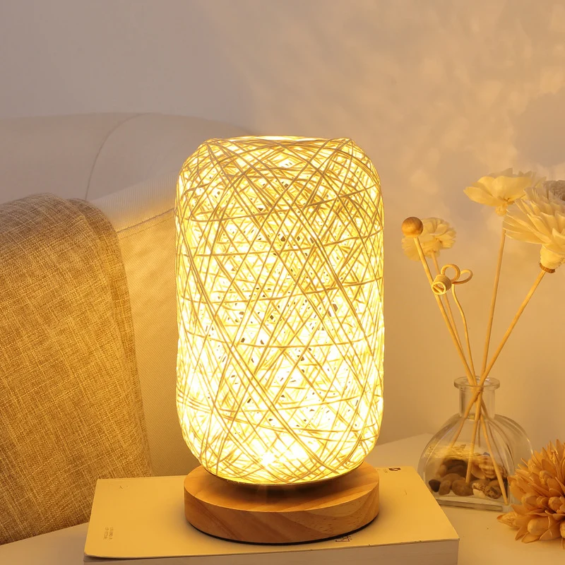 Roped Langwerpige Mini Nachtkastje Lamp Macaron Beige/Blauw/Bruin USB Opladen LED Tafellamp met Houten Voetstuk voor Nacht...