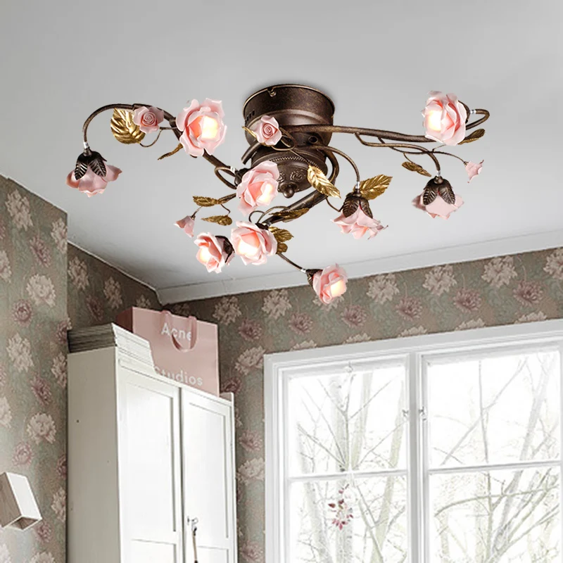 Rose Woonkamer Plafondlamp Platteland Metaal 9/12/20 Heads Donkerbruine LED Semi Mount Verlichting Clearhalo