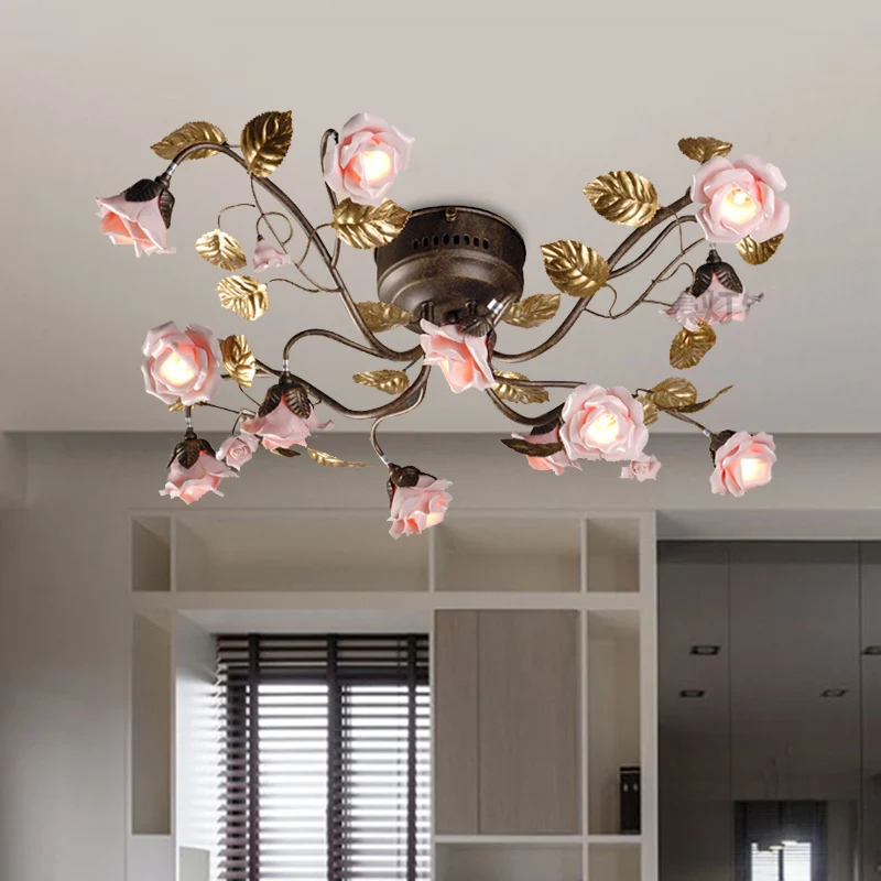 Rose Woonkamer Plafondlamp Platteland Metaal 9/12/20 Heads Donkerbruine LED Semi Mount Verlichting Clearhalo