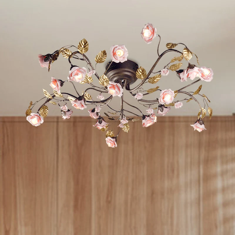 Rose Woonkamer Plafondlamp Platteland Metaal 9/12/20 Heads Donkerbruine LED Semi Mount Verlichting Clearhalo