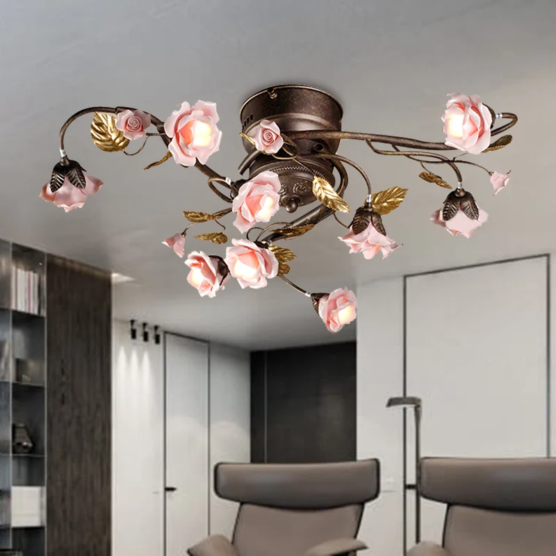 Rose Woonkamer Plafondlamp Platteland Metaal 9/12/20 Heads Donkerbruine LED Semi Mount Verlichting Clearhalo