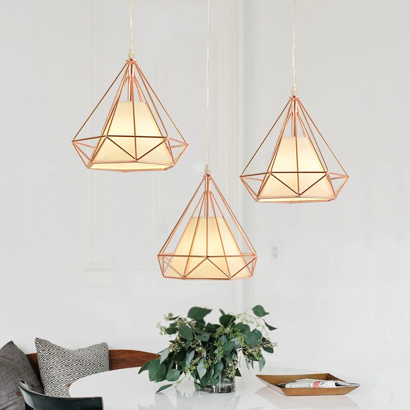 Roségouden diamanten kooi-plafondlamp Macaron-stijl Metaal en stof 1-lichts koffieshop-hanglamp Clearhalo