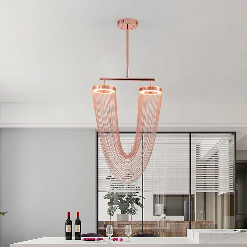 Roségouden V-vormige kettinghanger met franje Moderne Vogue Handgevlochten aluminium LED-hangende plafondlamp voor Loft Ho...