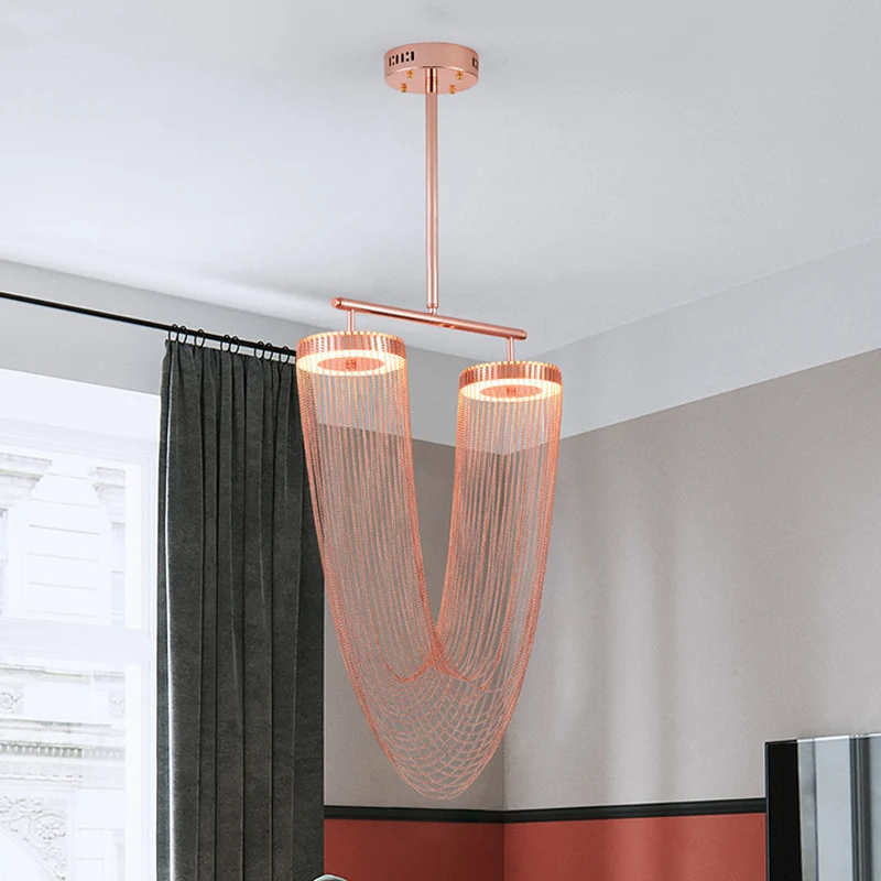 Roségouden V-vormige kettinghanger met franje Moderne Vogue Handgevlochten aluminium LED-hangende plafondlamp voor Loft Ho...