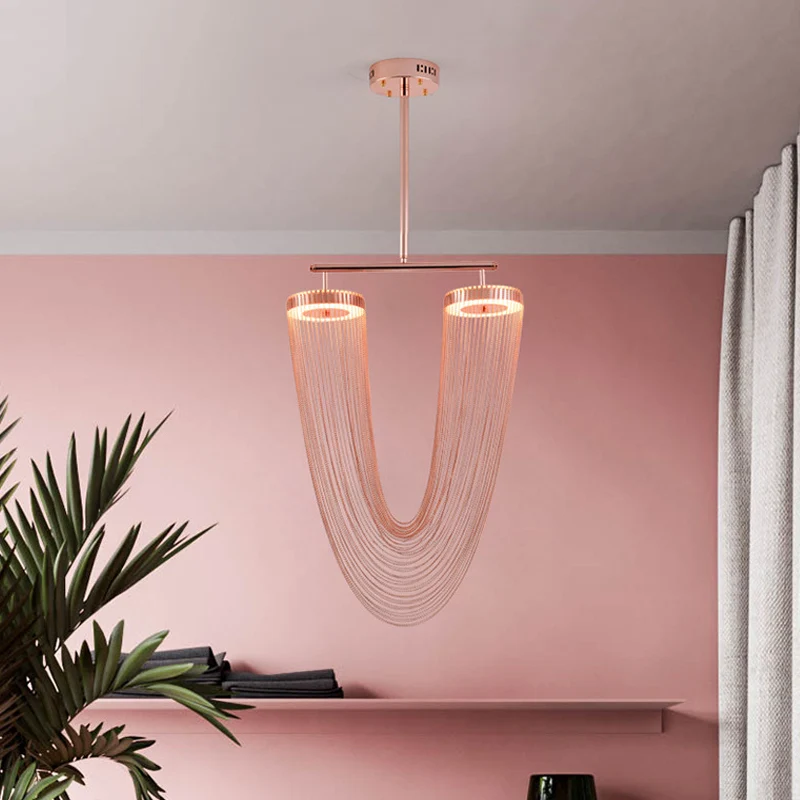 Roségouden V-vormige kettinghanger met franje Moderne Vogue Handgevlochten aluminium LED-hangende plafondlamp voor Loft Ho...