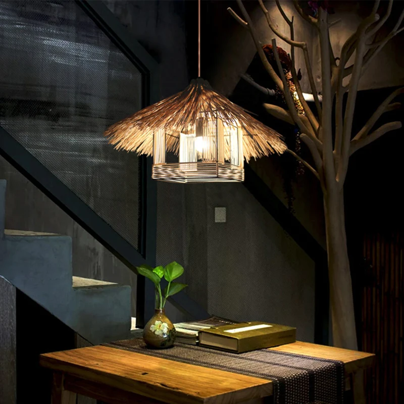 Rotan schaduwplafondlamp Aziatische stijl 1 lamp Houten hangende verlichtingsarmatuur voor restaurant Clearhalo