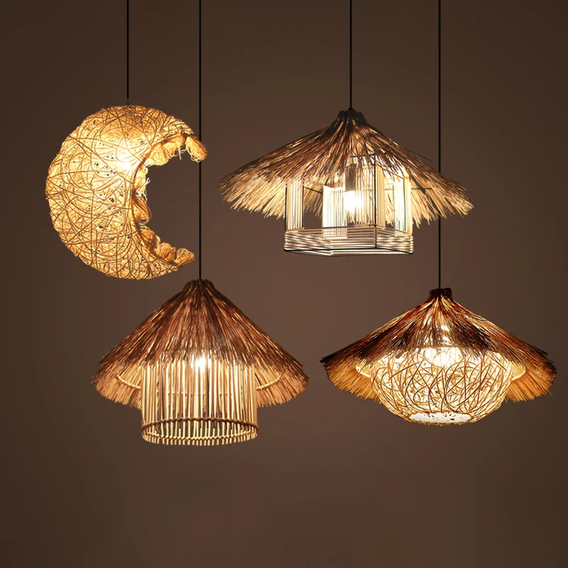 Rotan schaduwplafondlamp Aziatische stijl 1 lamp Houten hangende verlichtingsarmatuur voor restaurant Clearhalo