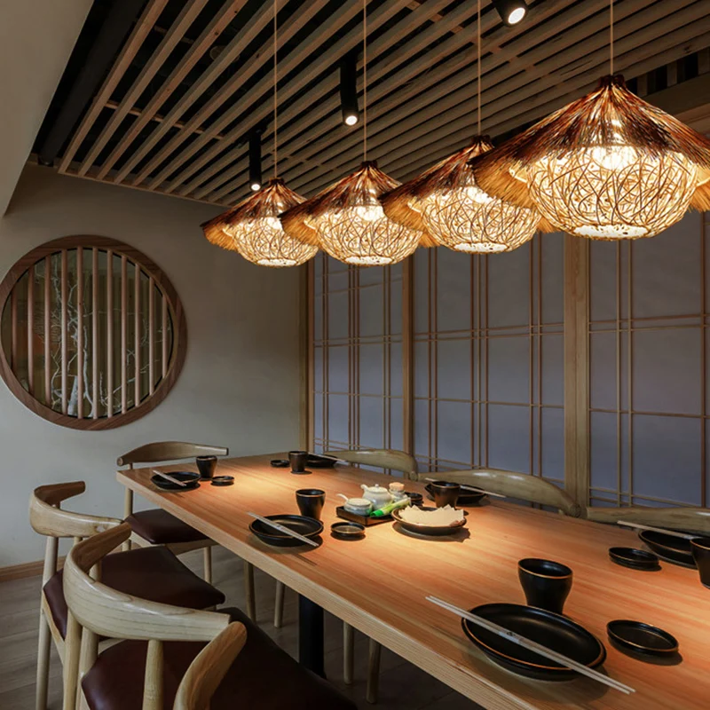 Rotan schaduwplafondlamp Aziatische stijl 1 lamp Houten hangende verlichtingsarmatuur voor restaurant Clearhalo
