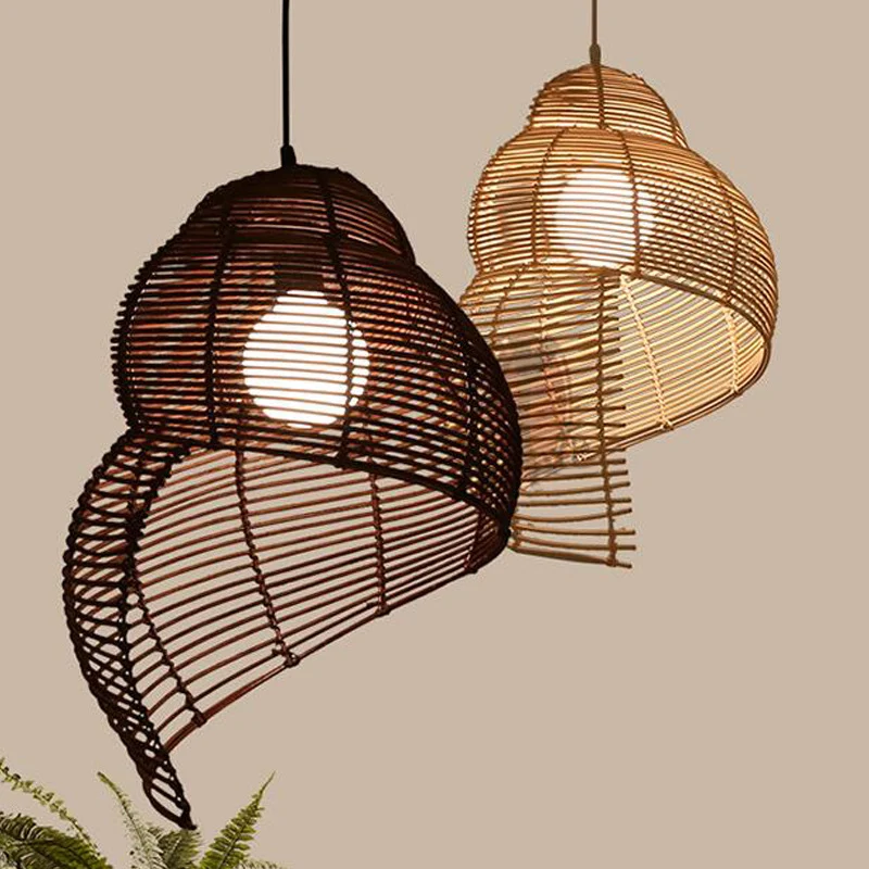 Rotan spiraalvormige schelpvormige hanger Kust enkele lamp koffie/beige hanglampset, 10"/12"/14" breed Clearhalo