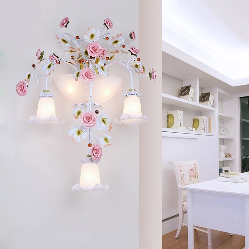 Roze 5-kops wandlamp armatuur Koreaanse tuin wit glas bloemen schans wandverlichting voor gang Clearhalo