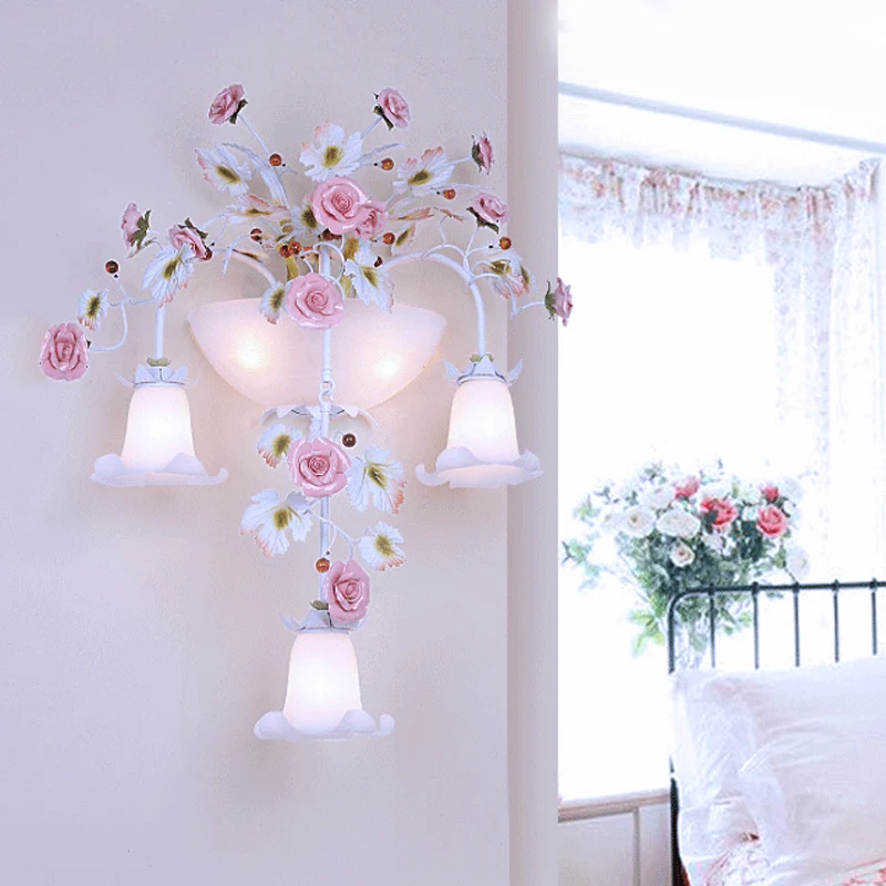 Roze 5-kops wandlamp armatuur Koreaanse tuin wit glas bloemen schans wandverlichting voor gang Clearhalo