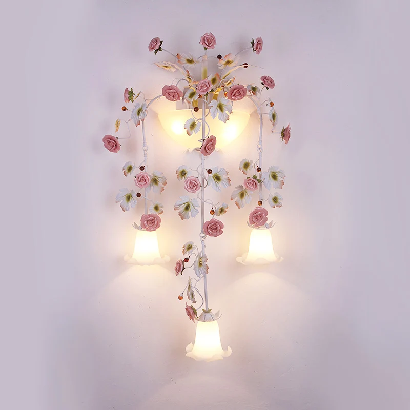 Roze 5-kops wandlamp armatuur Koreaanse tuin wit glas bloemen schans wandverlichting voor gang Clearhalo