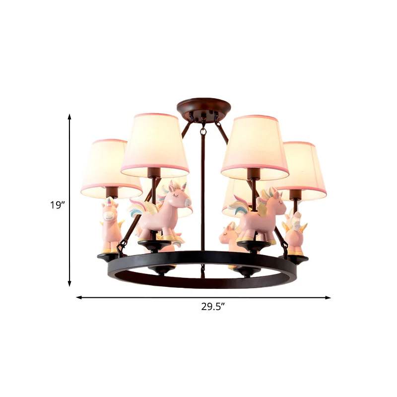 Roze eenhoorn-slingerlamp met zwarte ring-design Cartoon 6-kops stoffen plafondkroonluchter Clearhalo