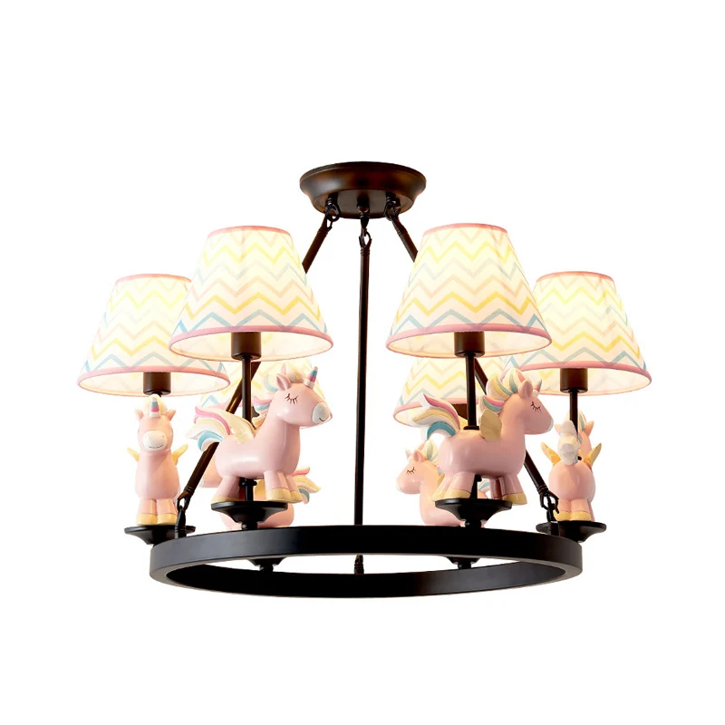 Roze eenhoorn-slingerlamp met zwarte ring-design Cartoon 6-kops stoffen plafondkroonluchter Clearhalo