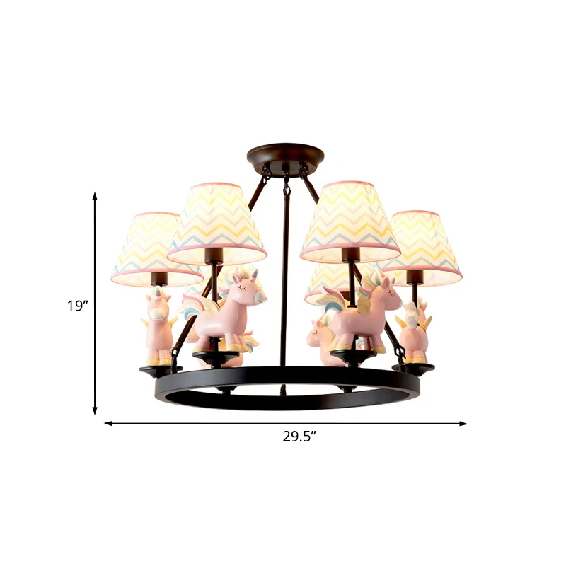 Roze eenhoorn-slingerlamp met zwarte ring-design Cartoon 6-kops stoffen plafondkroonluchter Clearhalo