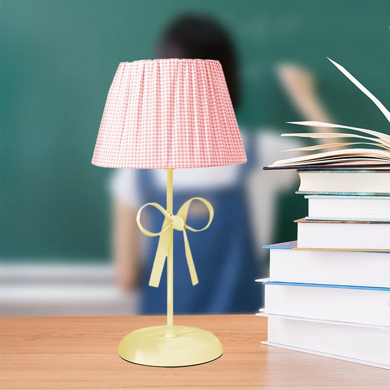 Roze geruite schaduw bureaulamp, 1 kop, mooie stoffen studielamp met strik voor slaapzaal Clearhalo
