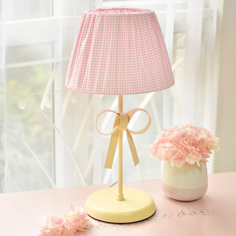 Roze geruite schaduw bureaulamp, 1 kop, mooie stoffen studielamp met strik voor slaapzaal Clearhalo